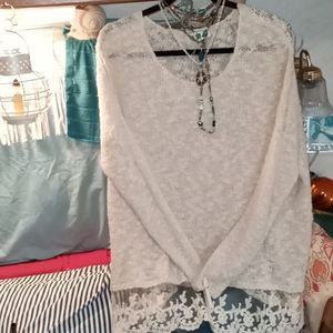 "L"  sweater  with lace trim at hip and L/S.